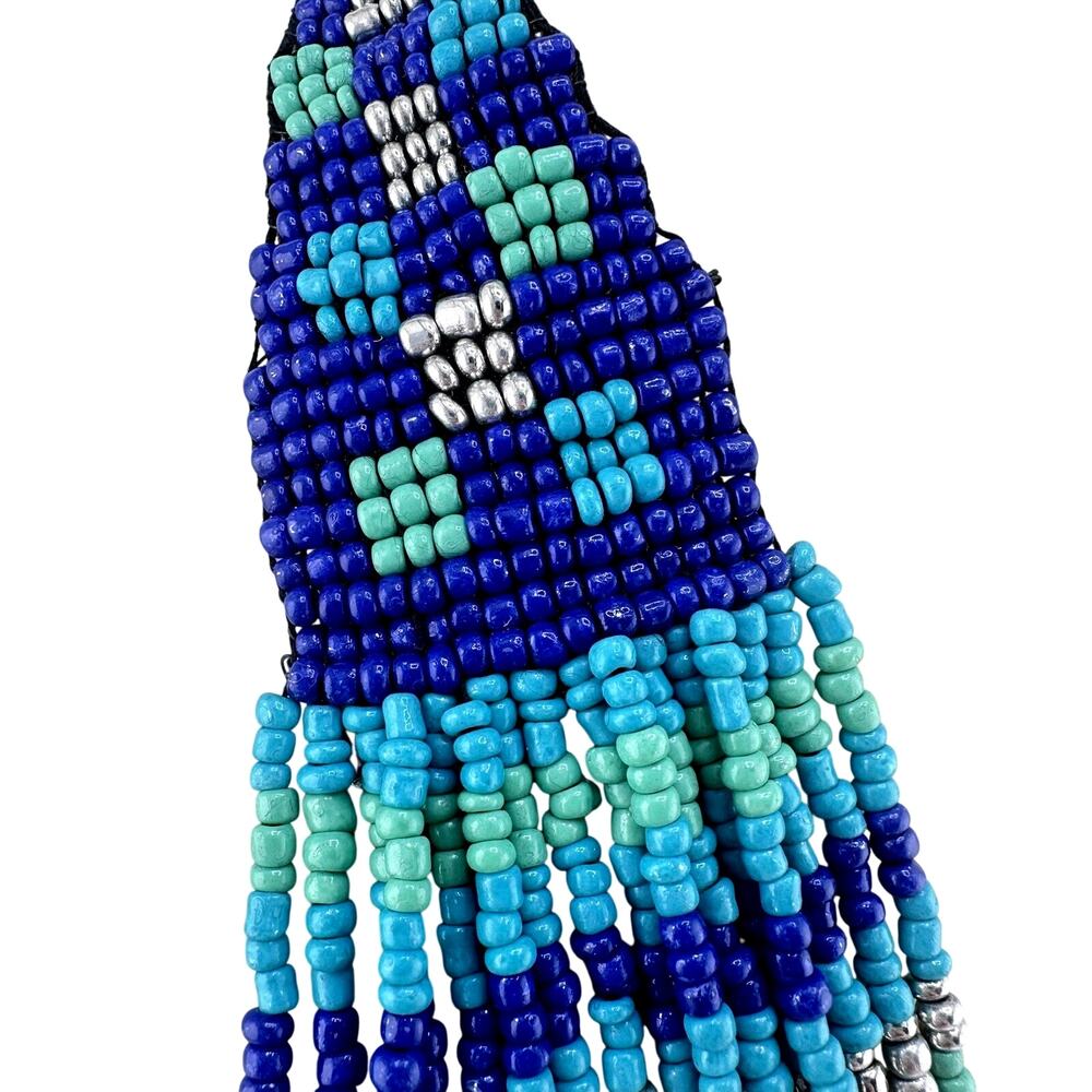 Boho Blue Teal Green Woven Beads Draped Multistrand Silver Tone 25” Necklace - Picture 3 of 6